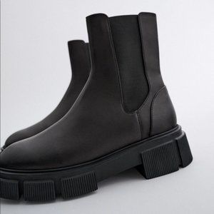 Zara Black Leather Ankle Boots Lug sole Size 7.5